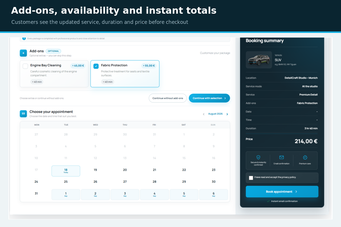 Add-ons and availability in CarDet Booking